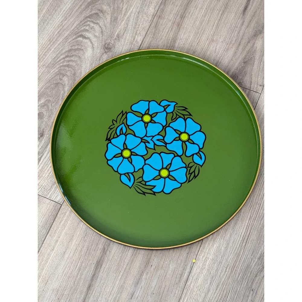 Vintage CTO Japan Serving Tray Avocado Green Blue‎ Floral Mid Century 12 in